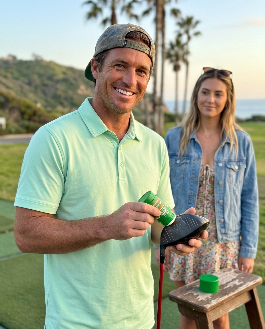 Golfer smiling holding driver and Got Golf product
