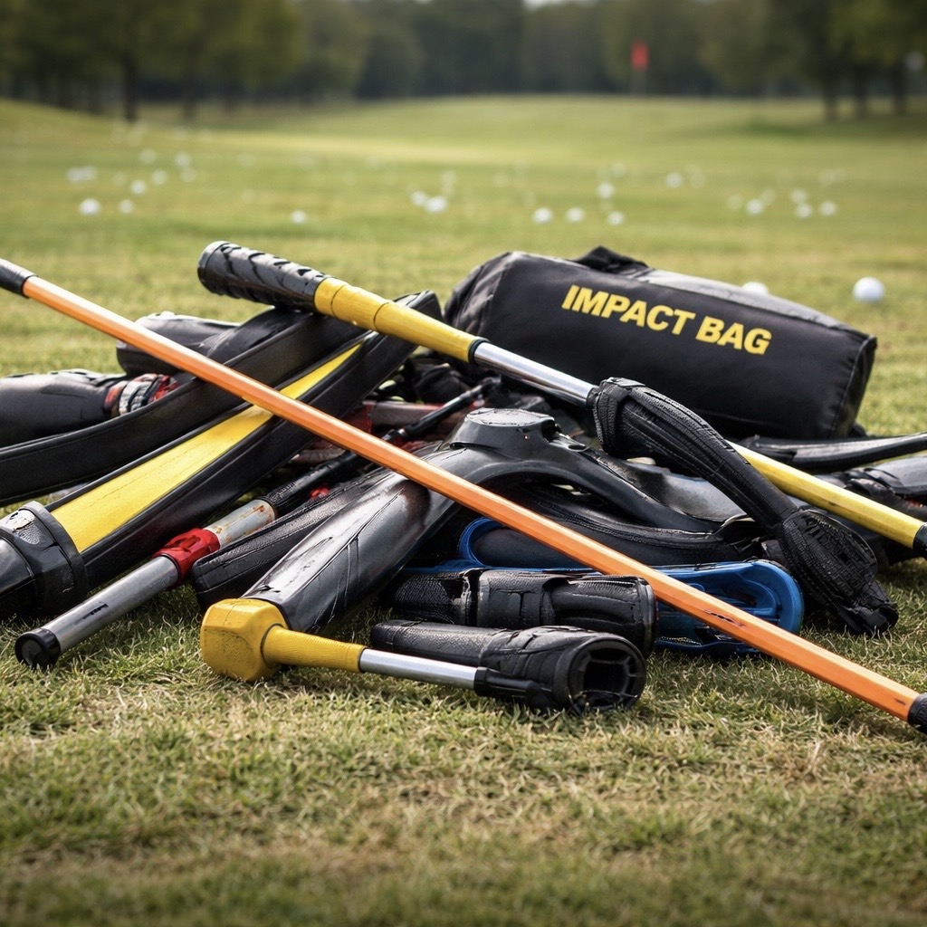 Pile of golf training aids on the ground